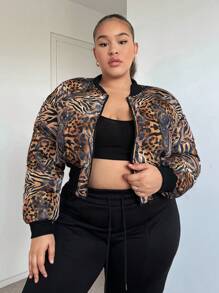 SHEIN SXY Abrigo corto acolchado con estampado de rayas de cebra para tallas grandes - Gris - Ver 4