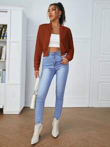 SHEIN Essnce Chất rắn Dây kéo Áo Jacket Crop - màu nâu - Xem 4