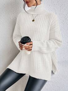SHEIN Clasi Turtleneck Drop Shoulder Split Hem Sweater