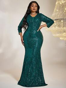 Plus Mermaid Hem Sequin Formal Dress - Green - View 3