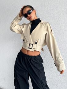 EURMUSE Raglan Sleeve Belted Crop Trench Coat - Beige - View 3