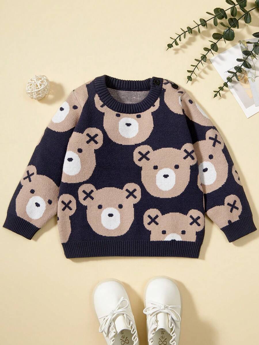 Baby Boy Bear Pattern Sweater - Dark Grey - View 1
