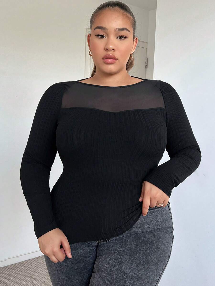 SHEIN SXY 大碼網紗拼接T恤 - 黑色 - 查看 1