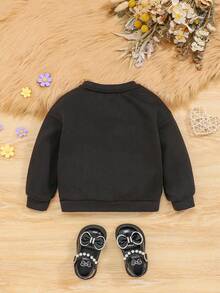 SHEIN 寶貝女孩可愛休閒多彩花卉裝飾長袖寬鬆運動衫 - 黑色 - 查看 2