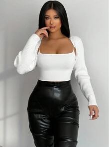 Zolique Solid 1pc Crop Bolero Shrug Cardigan,Long Sleeve Tops - White - View 1