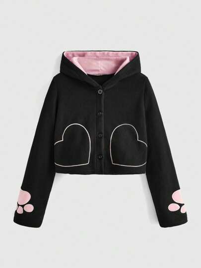 Kawaii جاكيت مطرز بقلب أزرار أمامية قبعة
