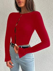 EURMUSE Cut Out Front Crop Tee - Red - View 4