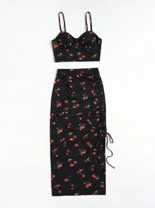 Soleia 櫻桃圖案吊帶上衣&抽繩高衩半身裙 - 彩色 - 查看 3