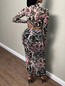 Slaydiva 滿版印花短款網紗上衣&褶邊鉛筆裙 - 彩色 - 查看 3