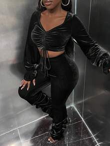 Slaydiva Drawstring Front Crop Velvet Top & Pants - Black - View 4