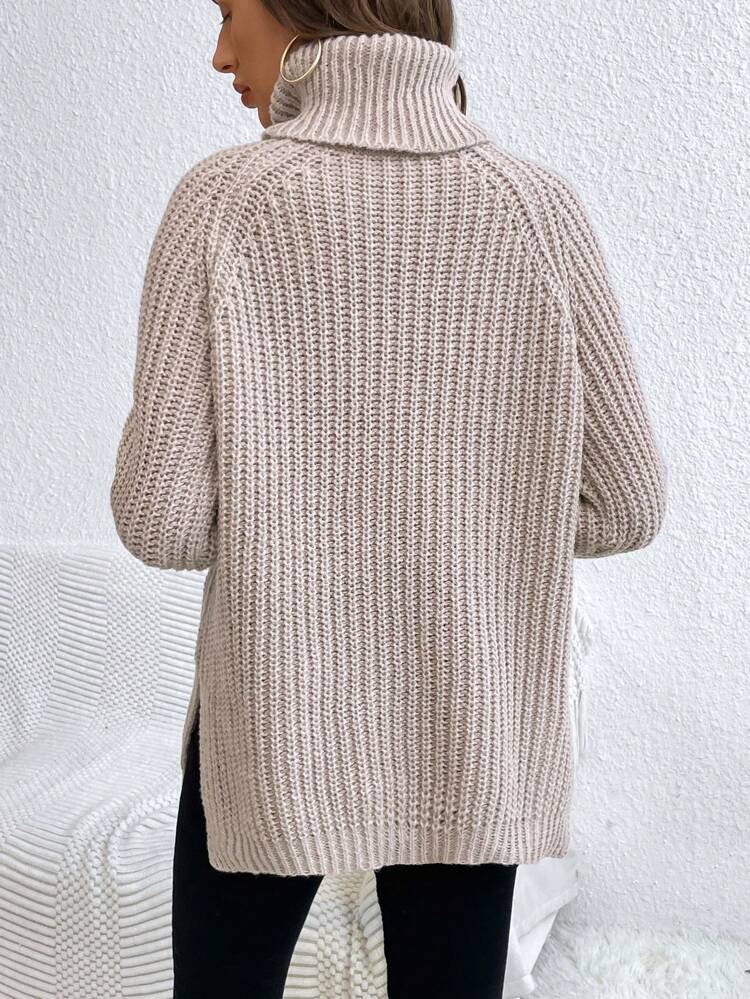 Turtleneck Raglan Sleeve Split Hem Sweater,Long Sleeve Tops Knit Pullover Fall Winter Sweater