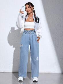 SHEIN EZwear 紙袋腰破洞毛邊腰帶直筒牛仔褲 - 中等水洗藍 - 查看 1