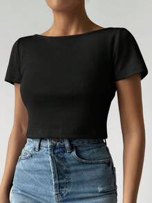 RueChic Chất rắn Không lưng Áo phông Crop - màu đen - Xem 3