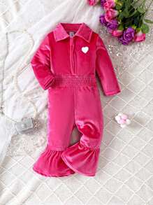 SHEIN Đứa bé gái Thêu trái tim Xù Hoa Sen Áo liền quần - Màu Hồng Tươi - Xem 1