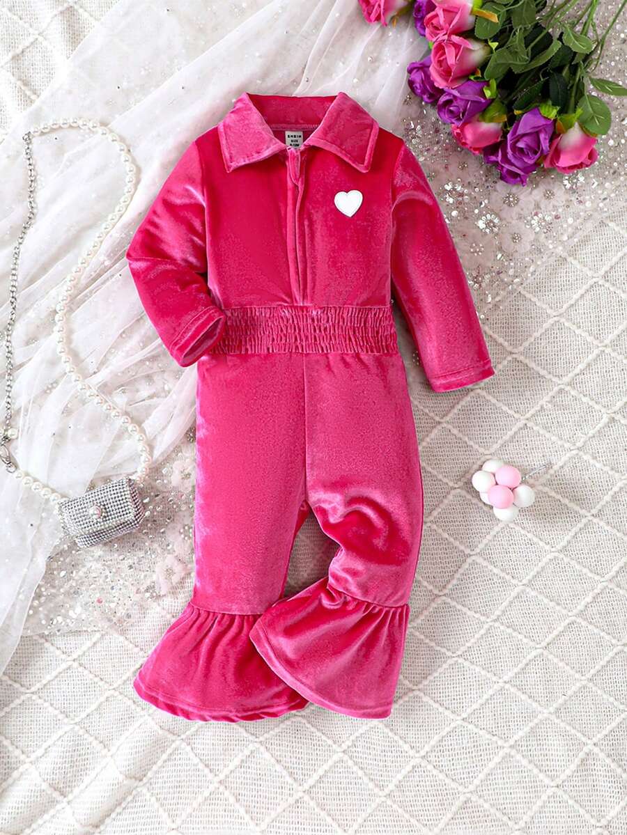SHEIN Đứa bé gái Thêu trái tim Xù Hoa Sen Áo liền quần - Màu Hồng Tươi - Xem 1
