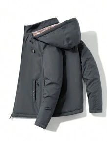 男式单件贴花细节保暖内衬连帽加厚外套 - 灰色 - 查看 2