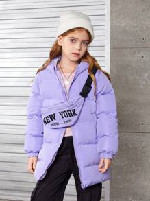 SHEIN Tween Girl 1 件拉链连帽加厚外套（带包） - 紫色 - 查看 1