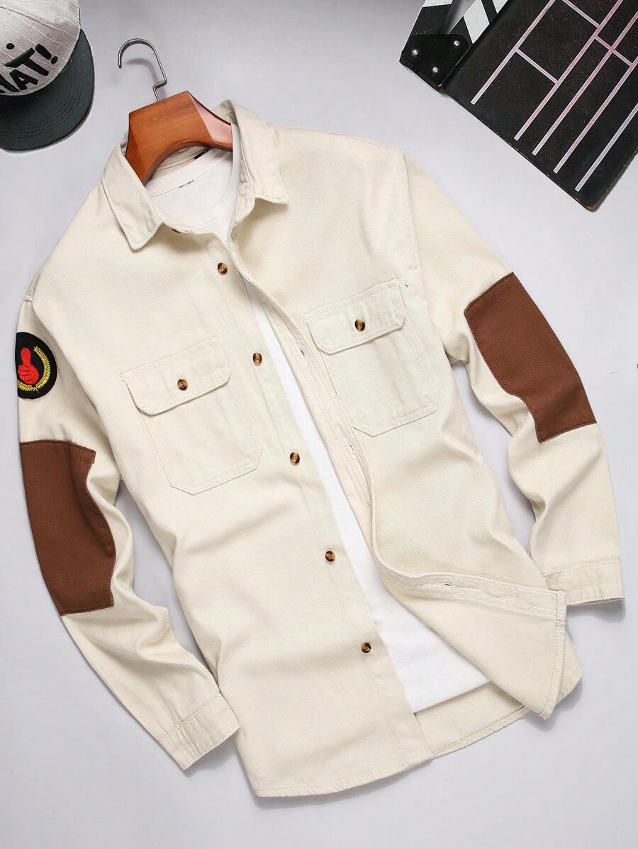 Manfinity Homme 男士寬鬆拼接牛仔襯衫,帶翻蓋口袋（不含t恤） - 彩色 - 查看 1