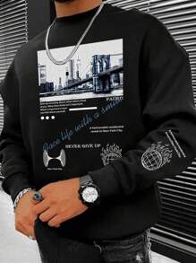 Manfinity Homme 男士標語圖案運動衫 - 黑色 - 查看 1