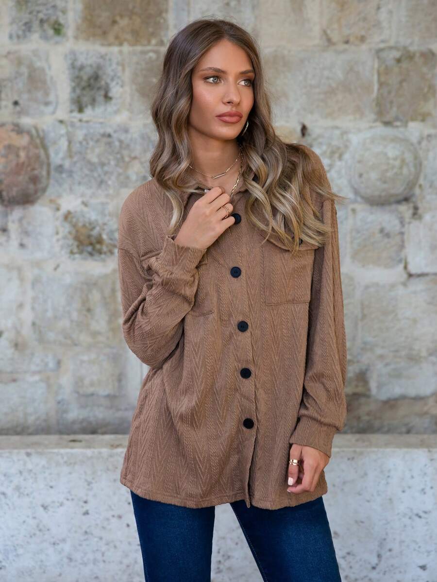 SHEIN LUNE 翻蓋口袋落肩袖外套 - 摩卡棕 - 查看 1