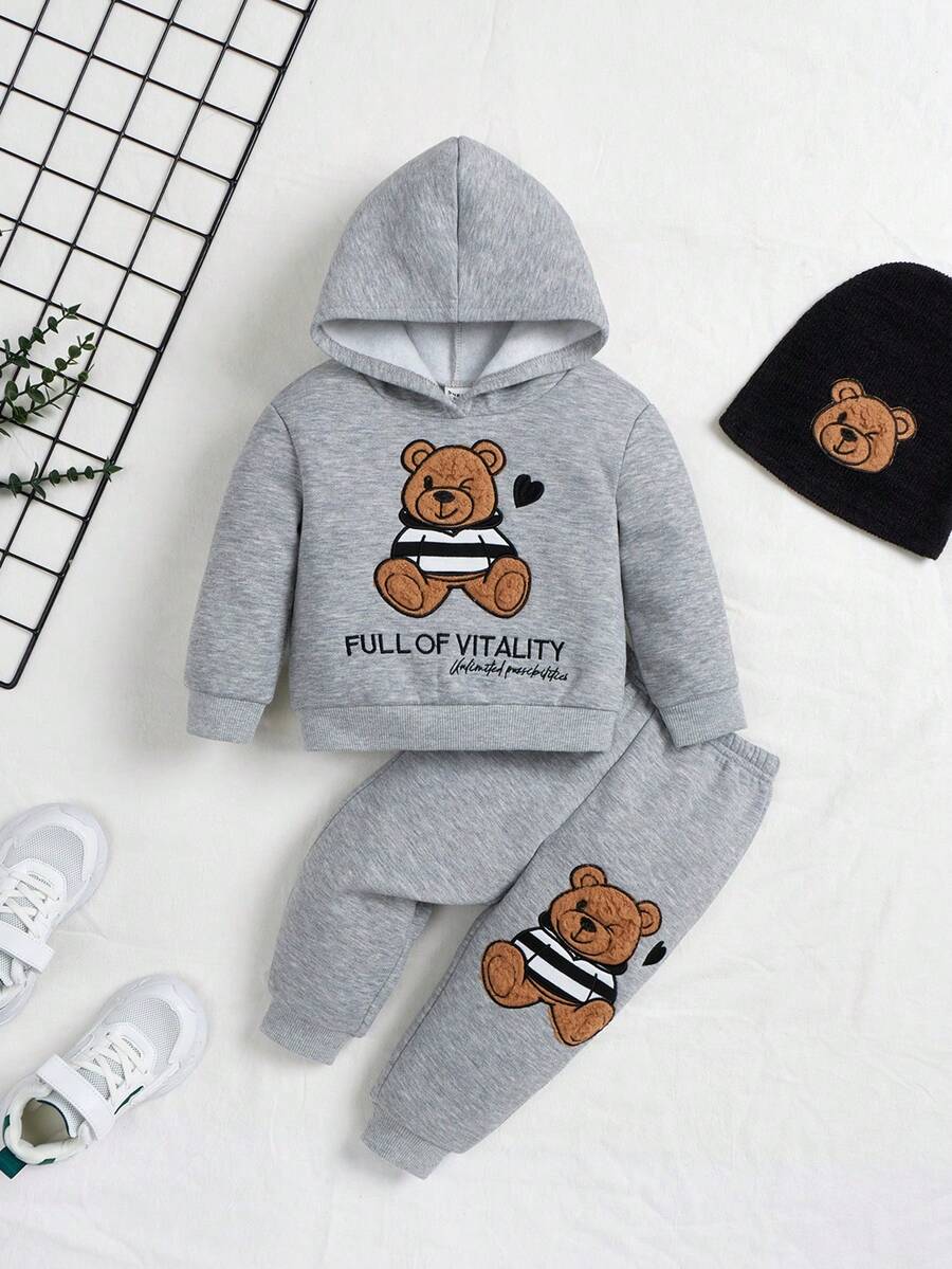 SHEIN Baby Girl Embroidery Bear And Slogan Pattern Hoodie & Sweatpants & Hat - Light Grey - View 1