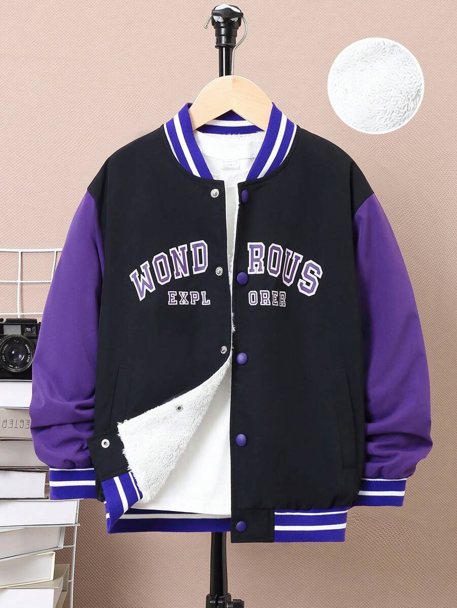 SHEIN Tween Boy Letter Graphic Thermal Lined Varsity Jacket Without Tee - Black - View 1