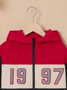 SHEIN Teenager Junge Jacke mit Nummer Grafik, Farbblock, Thermal Futter, Kapuze,