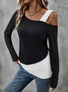 EMERY ROSE Two Tone Asymmetrical Neck Tee Graphic Tees Women Tops Fall Cloth For Women - White - View 5