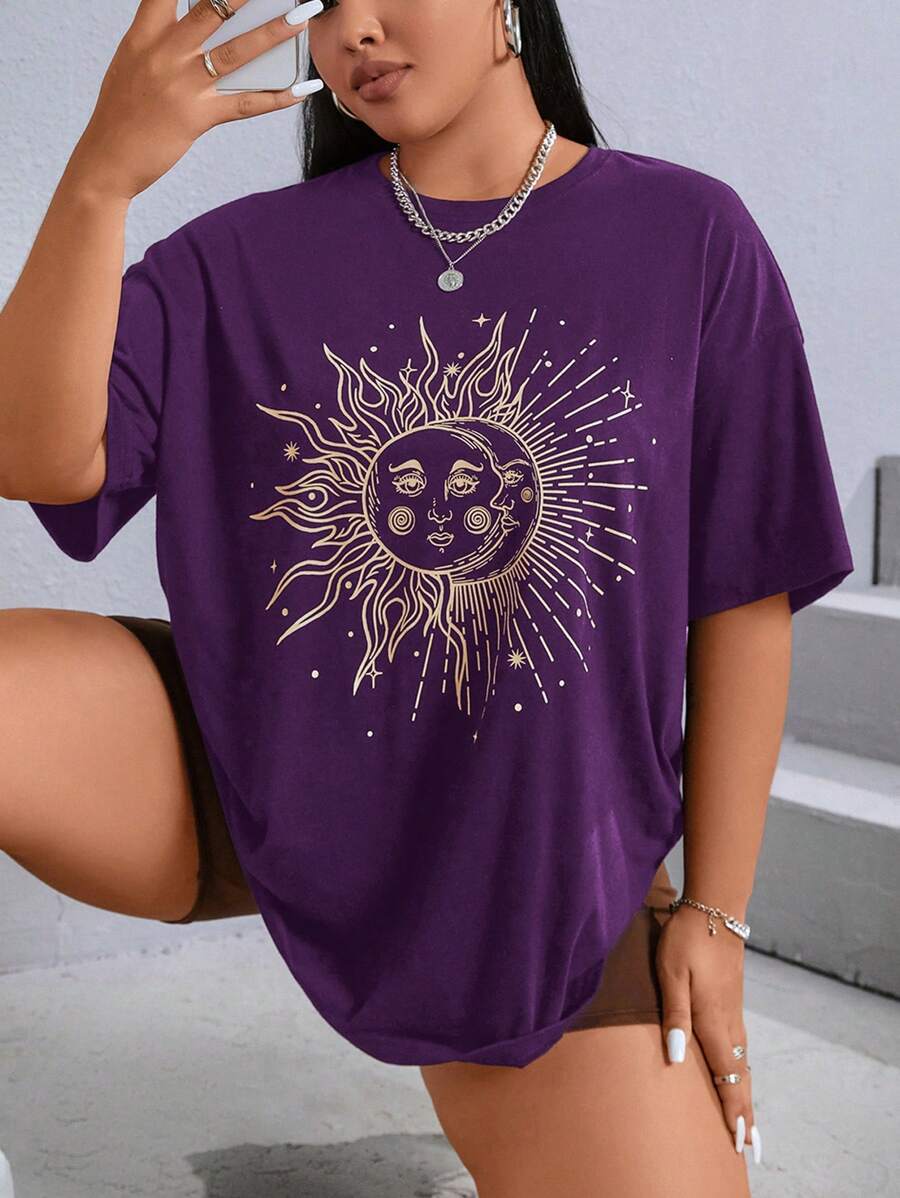 SHEIN EZwear Plus Sun & Moon Print Drop Shoulder Tee - Purple - View 1