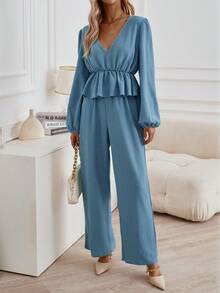 SHEIN Clasi Lantern Sleeve Peplum Top & Wide Leg Pants - Dusty Blue - View 6