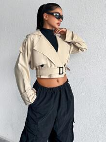 EURMUSE Raglan Sleeve Belted Crop Trench Coat - Beige - View 4