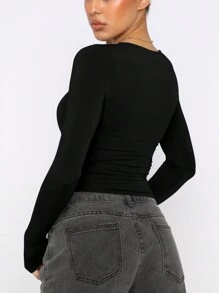 Elegant & Versatile Women Plain Crew Neck Long Sleeve Ruched Fitted Slim Fit T-Shirt,Suitable For Summer And Autumn/Winter Seasons - 黑色 - 查看 2