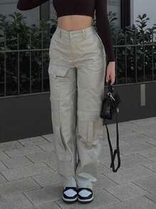 Solid Flap Pocket Cargo Pants - Grey - View 3