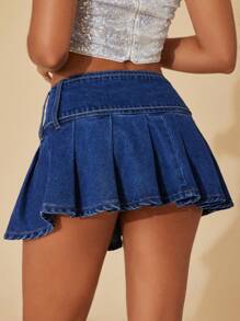 SHEIN BAE Falda en mezclilla con diseño con hebilla bajo fruncido - Azul lavado oscuro - Ver 2