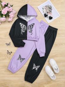 SHEIN 女大童雙色蝴蝶圖案連帽衫和運動褲 - 黑色 - 查看 1