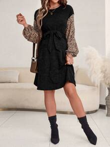 SHEIN Maternity Leopard Print Lantern Sleeve Belted Dress - Black - View 5