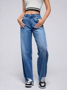 SHEIN EZwear 毛邊闊腿牛仔褲 - 中等水洗藍 - 查看 1