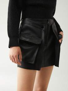 Anewsta 翻蓋口袋拉鏈門襟PU皮革半身裙 - 黑色 - 查看 6