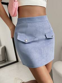 Chiquease 高腰翻蓋細節包臀半身裙 - 淺藍色 - 查看 4