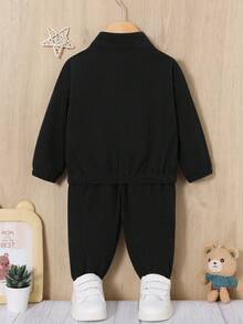 SHEIN 男嬰翻蓋細節半拉鏈燈芯絨上衣和褲子 - 黑色 - 查看 2