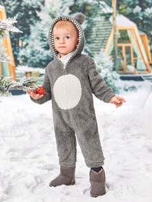 SHEIN Baby Boy Cartoon Embroidery 3D Ear Design Hooded Zipper Flannel Jumpsuit - Multicolor - View 3