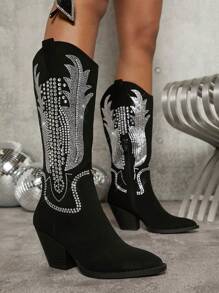 SHUZIA 水鑽細節尖頭粗跟靴子 - 黑色 - 查看 5