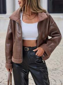 EURMUSE Drop Shoulder Zip Up PU Leather Jacket - Chocolate Brown - View 3