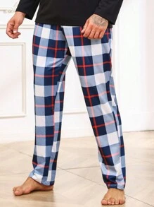 Men Plaid Print PJ Pants - Navy Blue - View 3