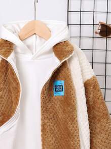 SHEIN Tween Boy Letter Patched Colorblock Drop Shoulder Teddy Jacket Without Hoodie,In Fall/Winter - Multicolor - View 5