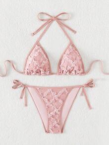 Floral Lace Halter Triangle Tie Side Bikini Set - Dusty Pink - View 4