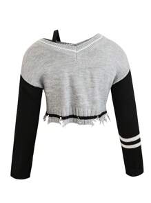 Calvaya Plus Letter Pattern Colorblock Drop Shoulder Distressed Crop Sweater Knit Pullover Fall Winter Sweater - Grey - View 2