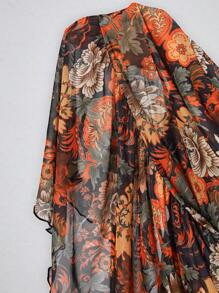 SHEIN VCAY Plus Floral Print Knot Front Flare Sleeve Peplum Tee - Black - View 6