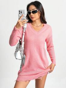 Chiquease Solid Drop Shoulder Distressed Sweater Dress