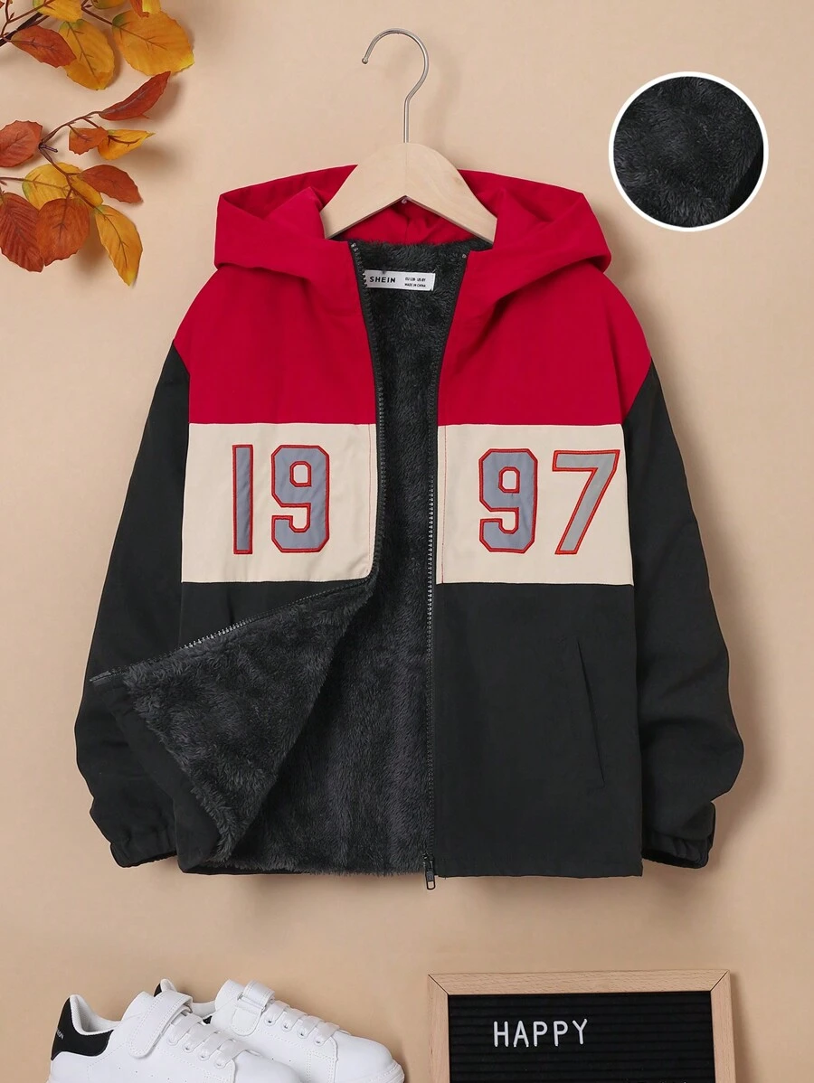 SHEIN Teenager Junge Jacke mit Nummer Grafik, Farbblock, Thermal Futter, Kapuze,